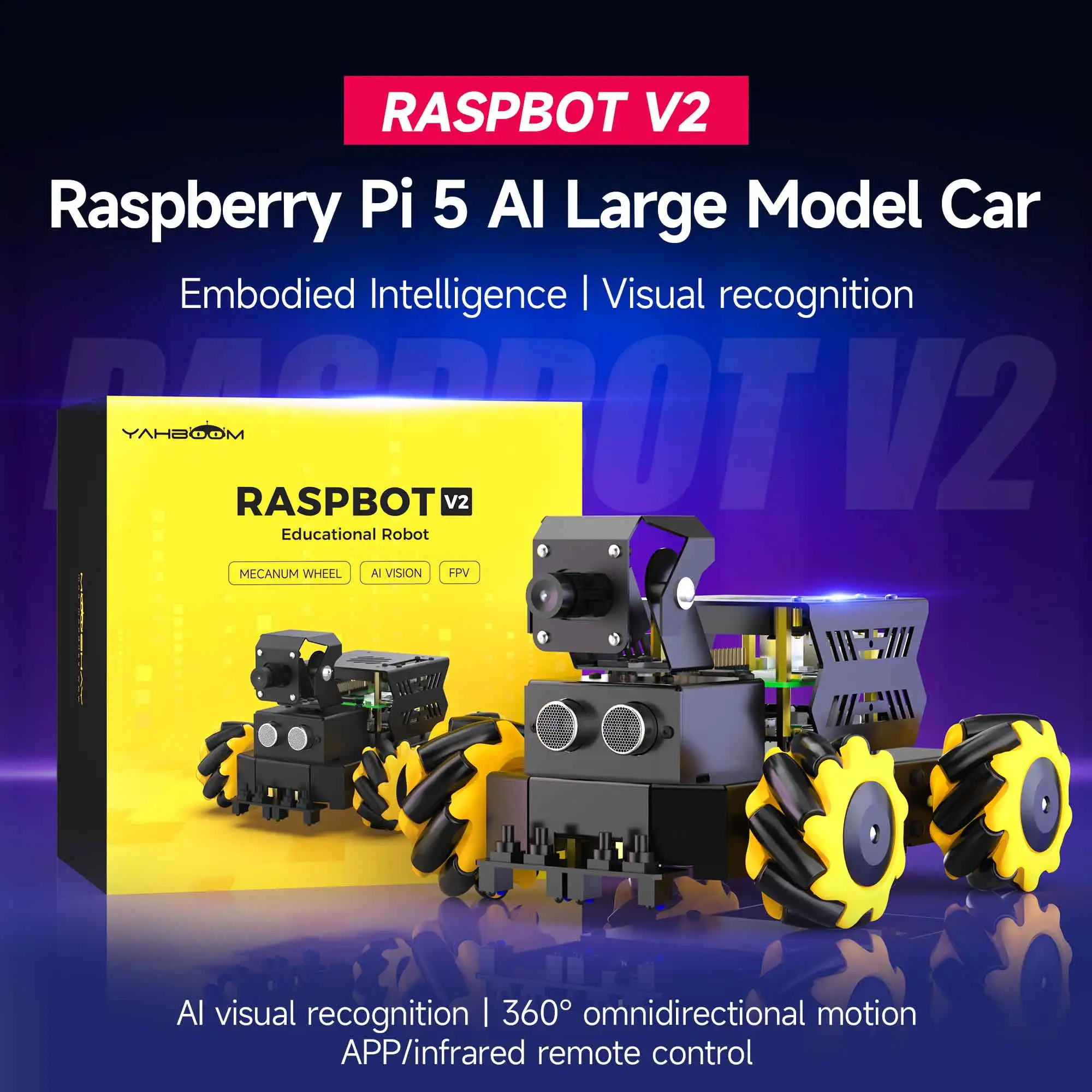Yahboom Raspbot V2 AI 대형 모델 로봇 카 키트 - 카메라, 매캐넘 휠, 교육용 Python 프로그래밍 토이, 라즈베리파이 5 용