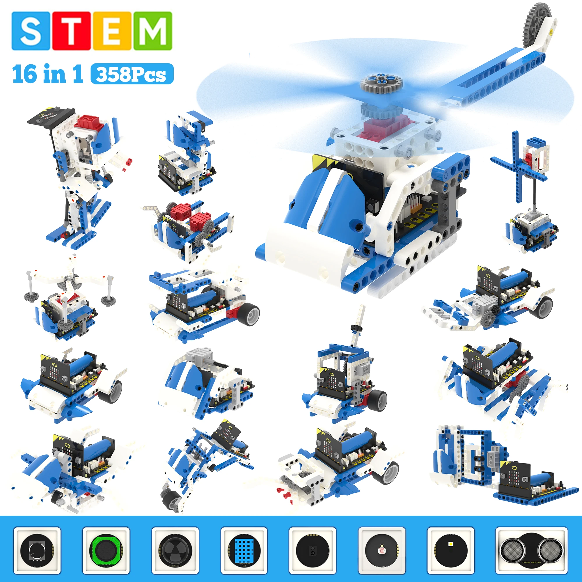 Yahboom 로봇 키트 - 16-in-1 프로그래밍 가능 블록 키트, Python·MakeCode 지원 어린이 코딩, Microbit V2/V1 호환