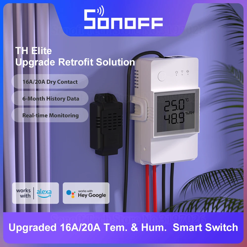 SONOFF TH Elite 16A/20A 스마트 온습도 Wi-Fi 스위치 - 무전압 접점, 실시간 모니터링, eWeLink·Alexa·Google 지원
