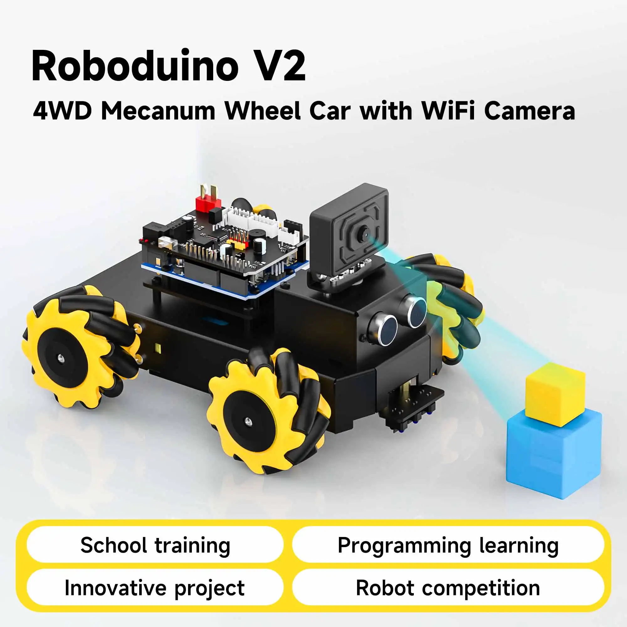 Yahboom 4WD Roboduino V2 AI 로봇 카 키트 - 매캐넘 휠, ESP32 와이파이 카메라, 아두이노 UNO 용 STEM 교육 세트 DIY 프로젝트