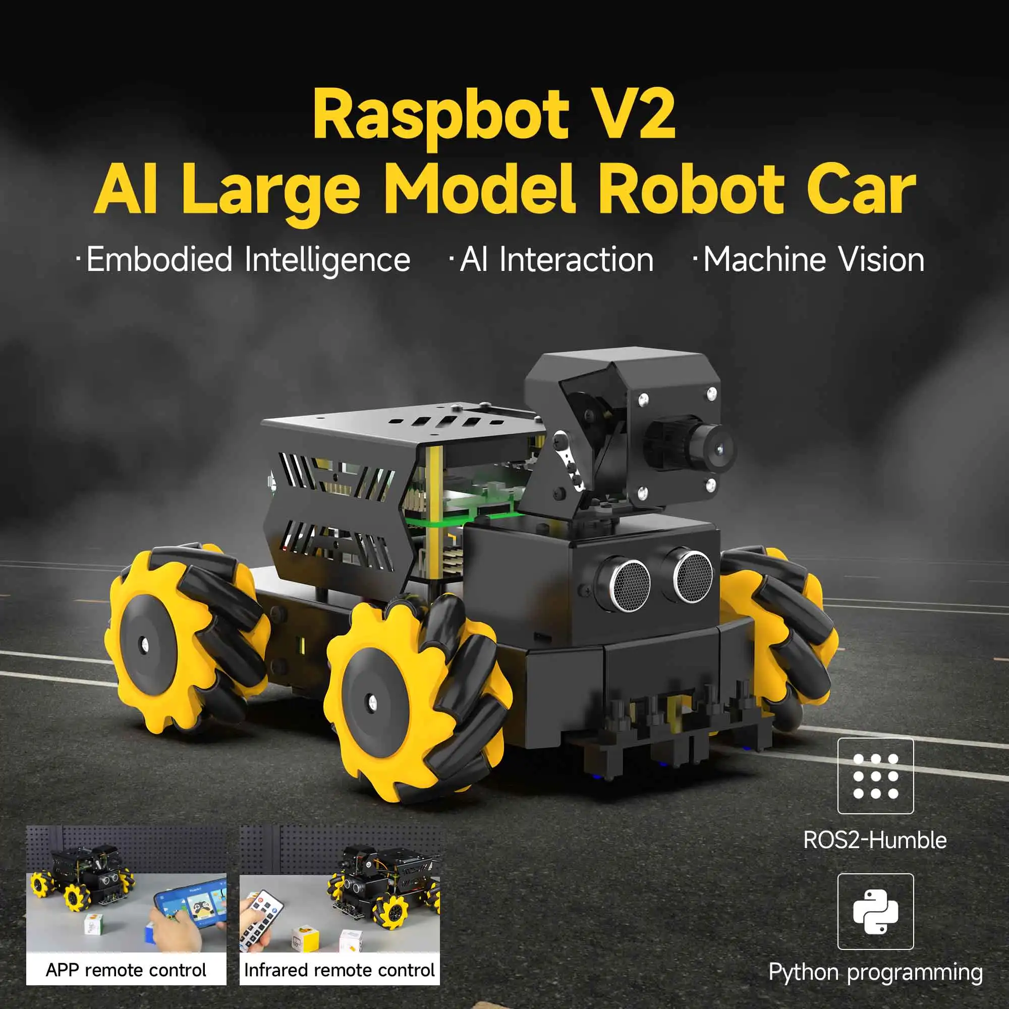 Yahboom 4WD Raspbot V2 AI 대형 모델 로봇 키트 - 라즈베리파이 5 입문자용 교육 프로젝트, ROS2-Humble Python 프로그래밍