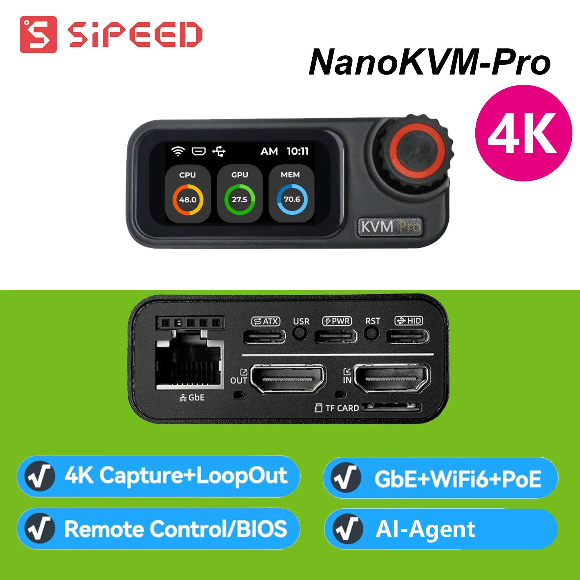 Sipeed NanoKVM-Pro - 4K KVM-ATX / KVM 데스크 IP-KVM, GbE/Wi-Fi6/PoE, 서버/NAS 원격 관리, 4K 캡처 원격 제어
