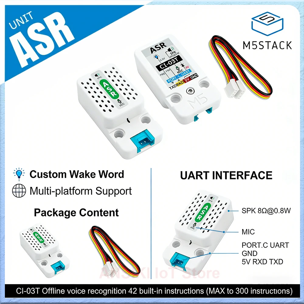 M5Stack 유닛 ASR CI-03T 오프라인 음성 인식 모듈 - UART 커스텀 웨이크 워드, 300개 명령, 마이크 스피커, 스마트홈 로봇용
